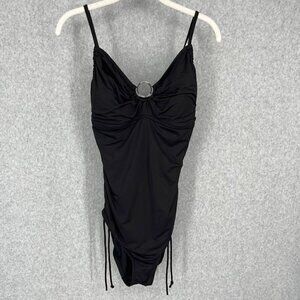 Michael Kors One Piece Swimsuit Size 10 Black Ruched Sides Adjustable Leg Logo